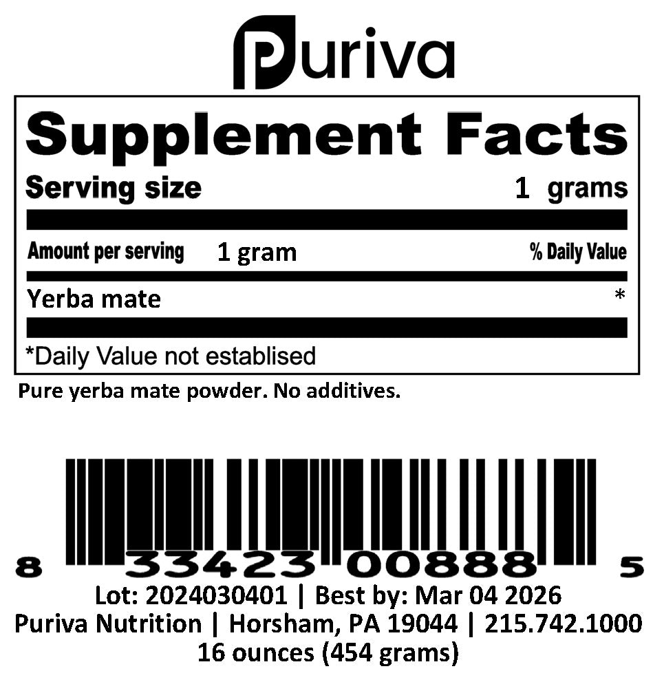 Yerba Mate powder, 1 pound, by Puriva Nutrition