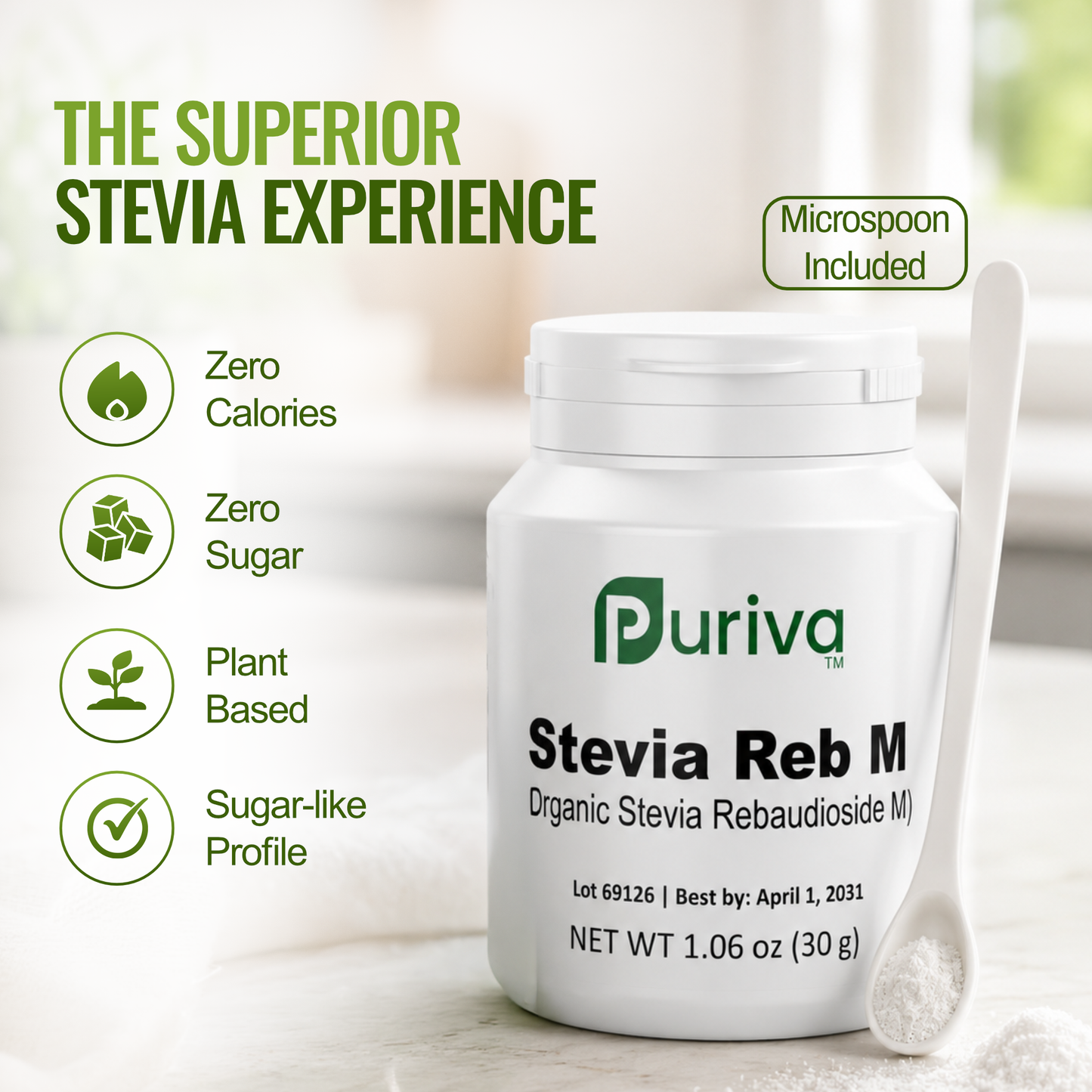 Stevia Reb M powder, (Reb-M | Rebaudioside M), 90 grams | 3,000 servings, Puriva Nutrition