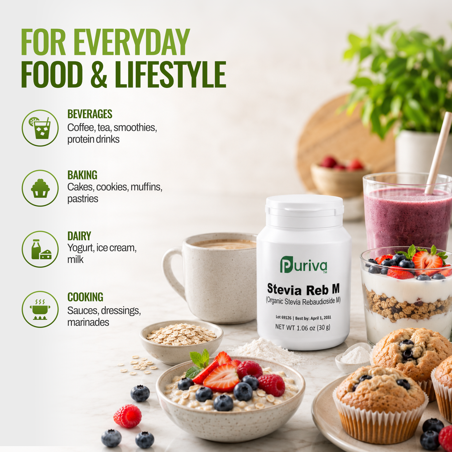 Stevia Reb M powder, (Reb-M | Rebaudioside M), 90 grams | 3,000 servings, Puriva Nutrition
