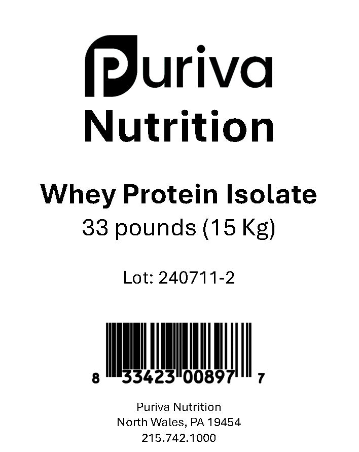Protein powder, Whey Protein Isolate, plain, 33 pounds, Puriva Nutrition