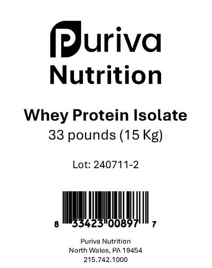Protein powder, Whey Protein Isolate, plain, 33 pounds, Puriva Nutrition