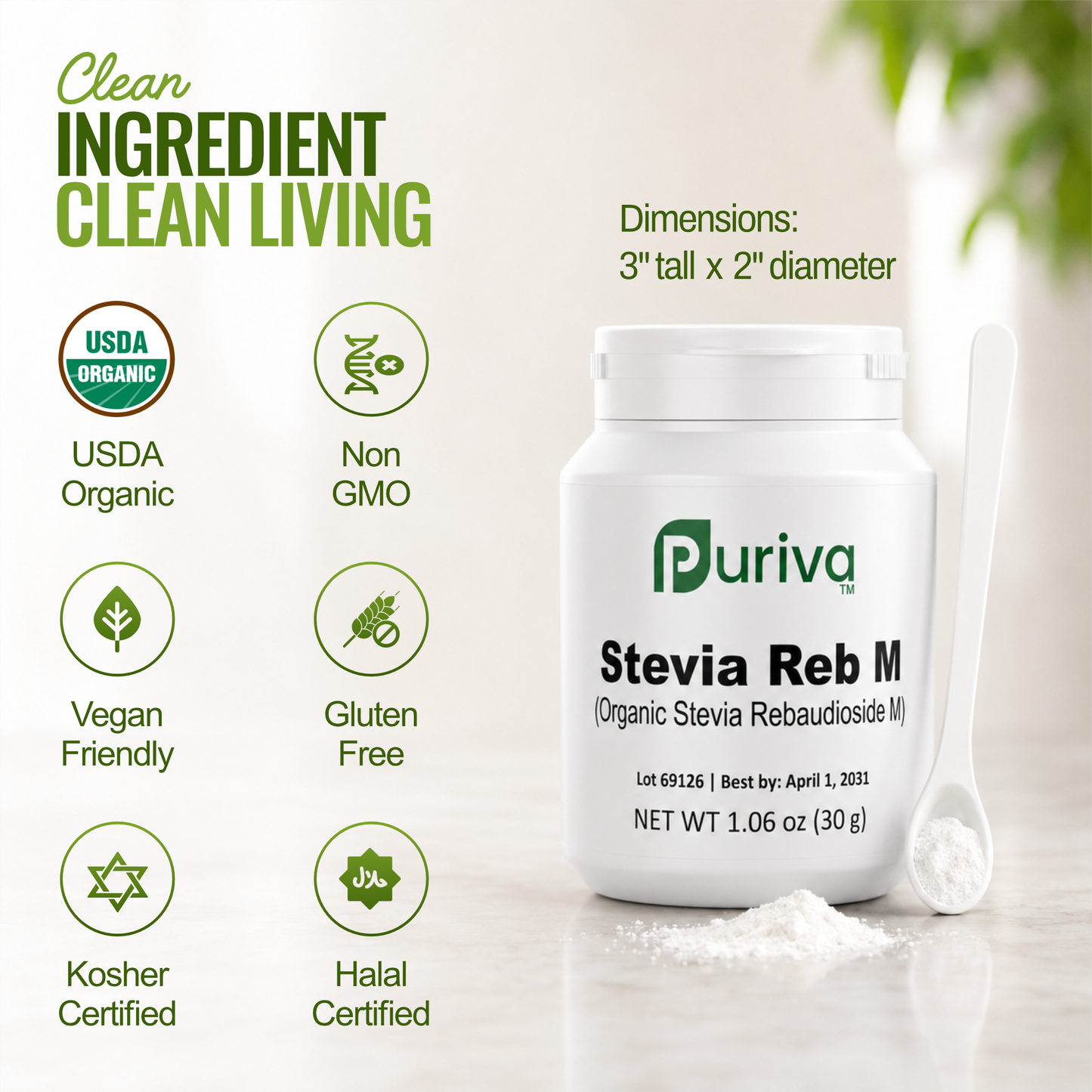Stevia Reb M powder, (Reb-M | Rebaudioside M), 90 grams | 3,000 servings, Puriva Nutrition