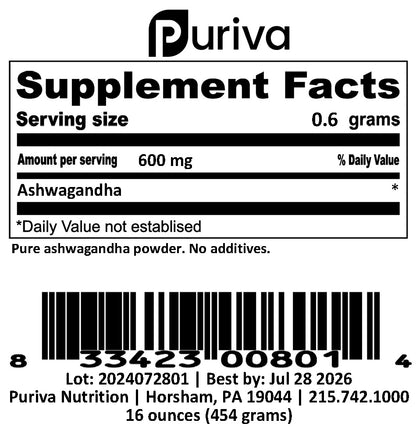 Ashwagandha extract, minimum 2.5% withanolides, 1 pound, Puriva Nutrition
