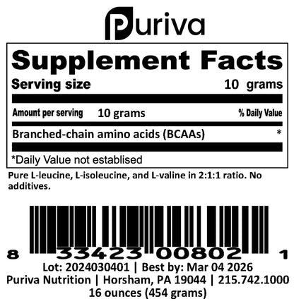 BCAA (branched-chain amino acids in 2:1:1 ratio), 1 pound, Puriva Nutrition