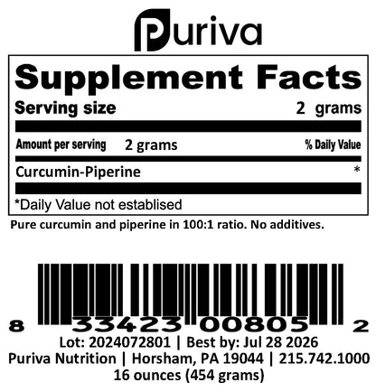 Curcumin with Piperine powder (100:1 ratio), 1 pound, Puriva Nutrition