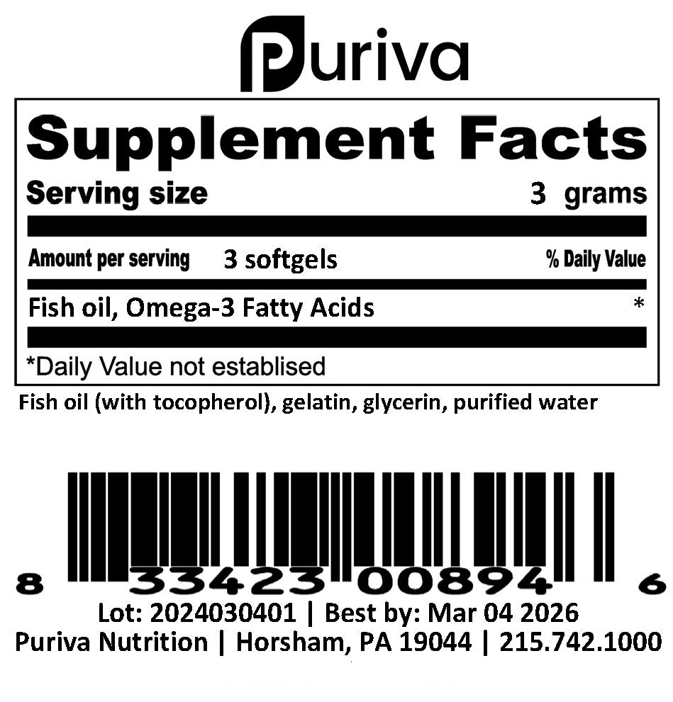 Fish oil, Omega-3, 3-month supply (90 softgels), by Puriva Nutrition