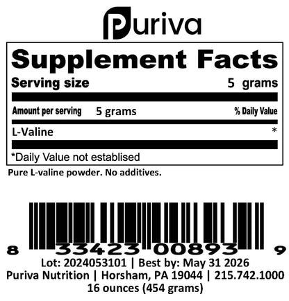 L-Valine powder, 1 pound, by Puriva Nutrition