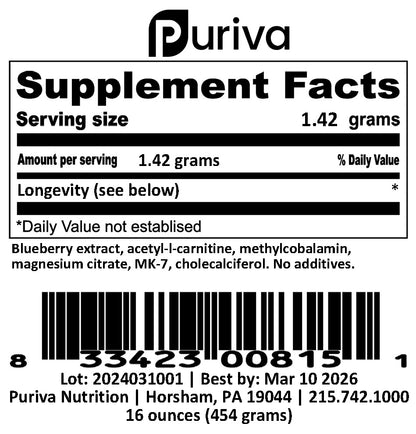 Longevity powder, 1 pound, by Puriva Nutrition