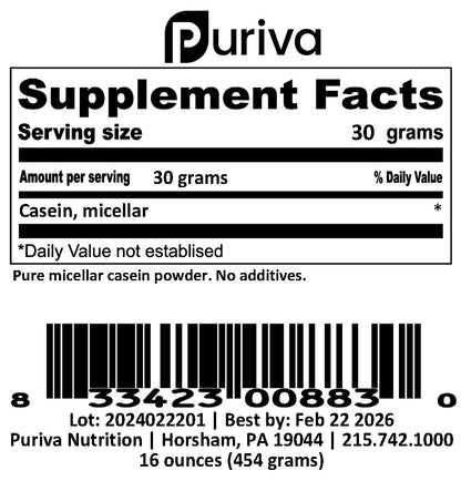 Protein powder, Micellar Casein Isolate, plain, 1 pound, by Puriva Nutrition