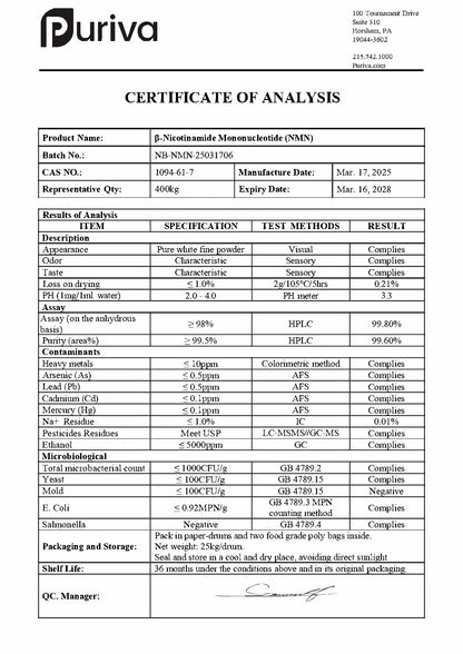 Pure NMN powder (Nicotinamide mononucleotide | β-NMN) NAD+ precursor, 454 grams, Puriva Nutrition