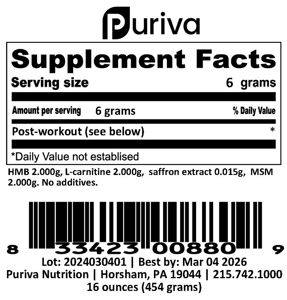 Post-workout powder (recovery powder), 1 pound, by Puriva Nutrition