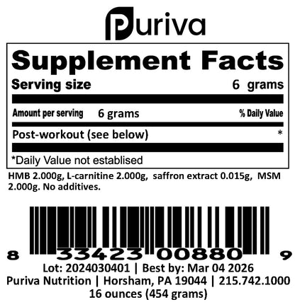 Post-workout powder (recovery powder), 1 pound, by Puriva Nutrition