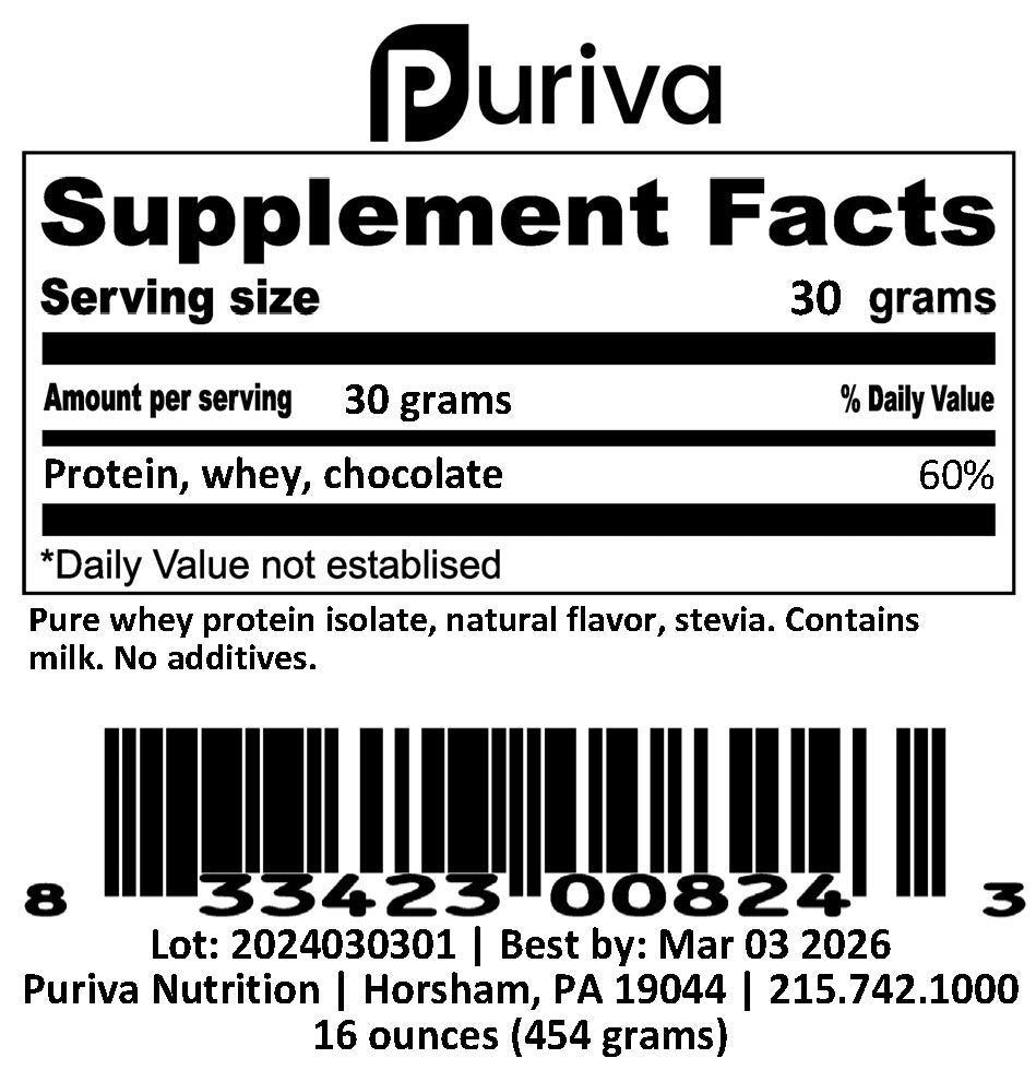 Protein powder, Whey Protein Isolate, Chocolate, 1 pound,  Puriva Nutrition