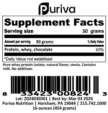 Protein powder, Whey Protein Isolate, Chocolate, 1 pound,  Puriva Nutrition