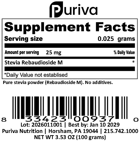 Stevia Reb M powder, (Reb-M | Rebaudioside M), 100 grams | 3,300 servings, Puriva Nutrition