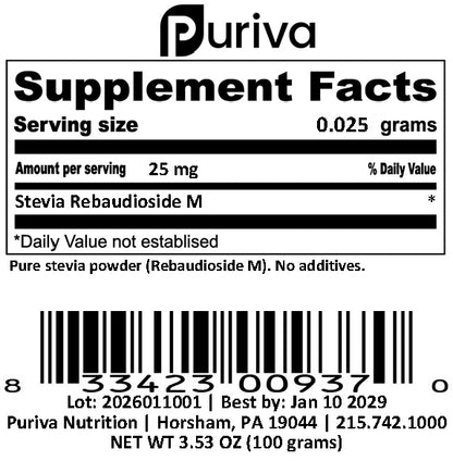 Stevia Reb M powder, (Reb-M | Rebaudioside M), 100 grams | 3,300 servings, Puriva Nutrition