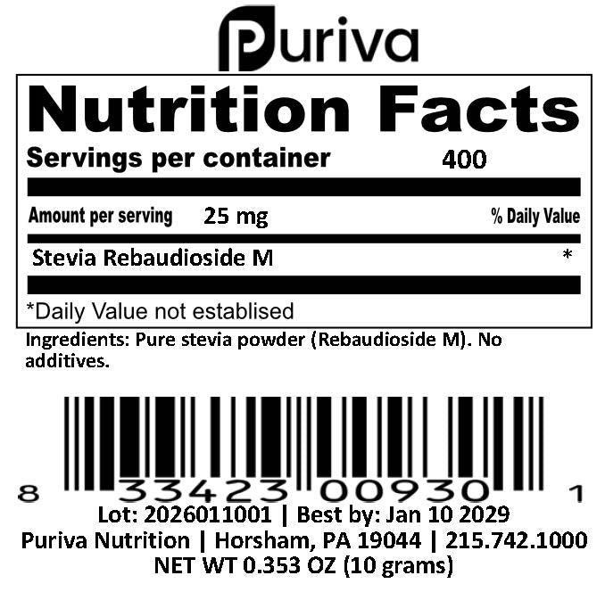 Stevia Reb M powder, (Reb-M | Rebaudioside M), 10 grams |300+ servings, Puriva Nutrition