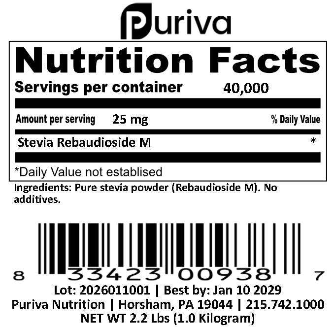Stevia Reb M powder, (Reb-M | Rebaudioside M), 1 Kilogram | 2.2 Pounds, Puriva Nutrition
