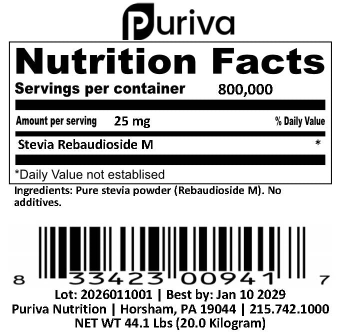 Stevia Reb M powder, (Reb-M | Rebaudioside M), 20 Kilograms | 44.1 Pounds, Puriva Nutrition