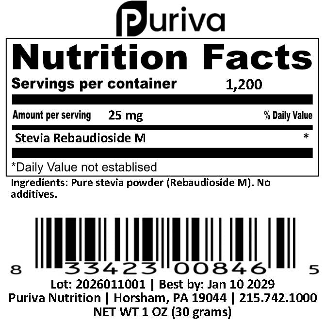 Stevia Reb M powder, (Reb-M | Rebaudioside M), 30 grams | 1,000 servings, Puriva Nutrition