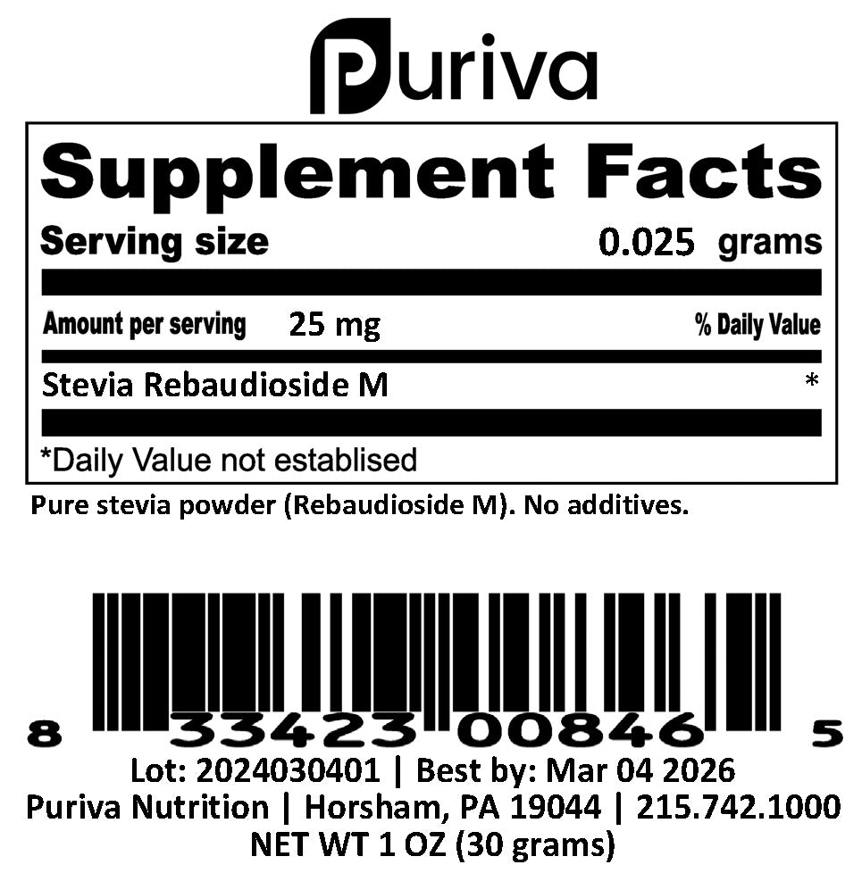 Stevia powder, Reb-M (Reb M | Rebaudioside M), 1 ounce | 1,000 servings, Puriva Nutrition