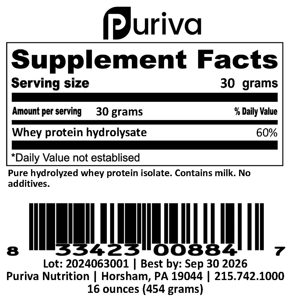 Protein powder, Hydrolyzed Whey Protein Isolate, plain, 1 pound, Puriva Nutrition