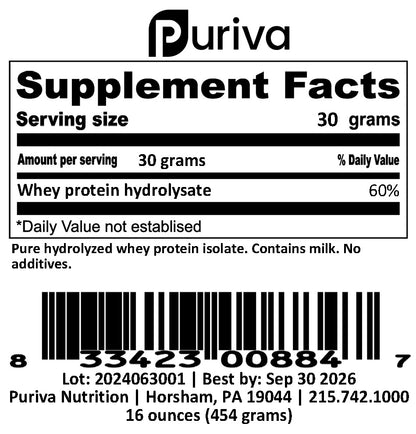 Protein powder, Hydrolyzed Whey Protein Isolate, plain, 1 pound, Puriva Nutrition