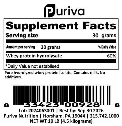 Protein powder, Hydrolyzed Whey Protein Isolate, plain, 10 pounds, Puriva Nutrition